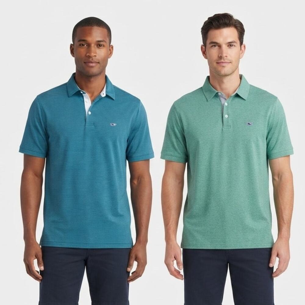 Lot of 2 Vineyard Vines Polo Shirt Men's L Edgartown Green Blue Performance Golf